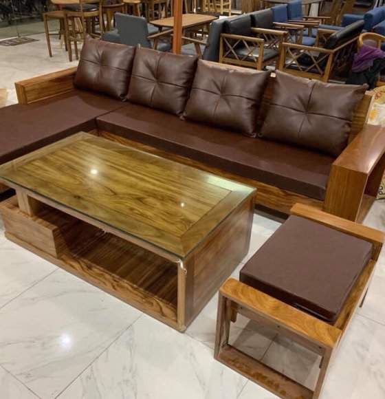 Sofa Góc L Gỗ Hương Xám - 2m8x2m Kèm Nệm 