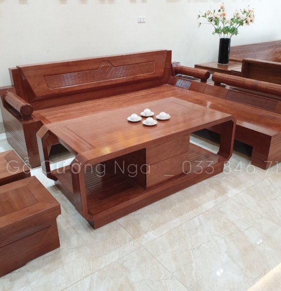 Bộ Bàn Ghế Sofa Góc Gỗ Xoan Đào 2m35x2m - Mẫu Kim Cương