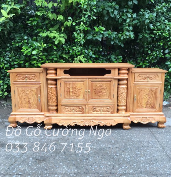 Kệ TiVi Gỗ Gõ Đỏ Cột Nho 2m - Đục Cảnh