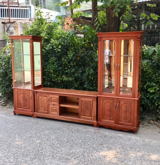 Kệ TiVi Kèm Tủ Ly Gỗ Xoan Đào 3m