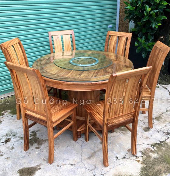 Bộ Bàn Ăn 6 Ghế Mâm Xoay Gỗ Hương Xám - Ghế Tựa Cong