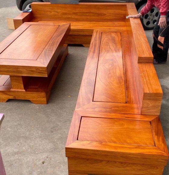 Bộ Sofa Gỗ Góc L Gõ Đỏ Đóng Hộp 2m8x2m1 
