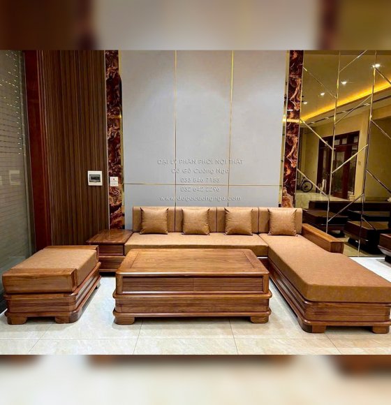 Sofa Gỗ Hương Vàng Góc L Chân Pháo Cao Cấp 3m2x2m15 Mẫu Nệm Da Sáng
