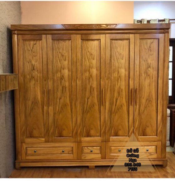 Tủ quần áo gỗ gõ đỏ 5 cánh 2m35 mẫu hiện đại 