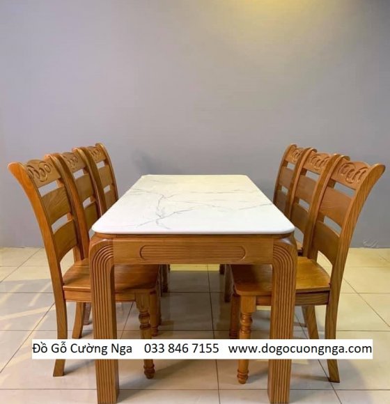 Bộ bàn ăn mặt đá 6 ghế gỗ sồi lau màu gõ đỏ - ghế tựa cong 