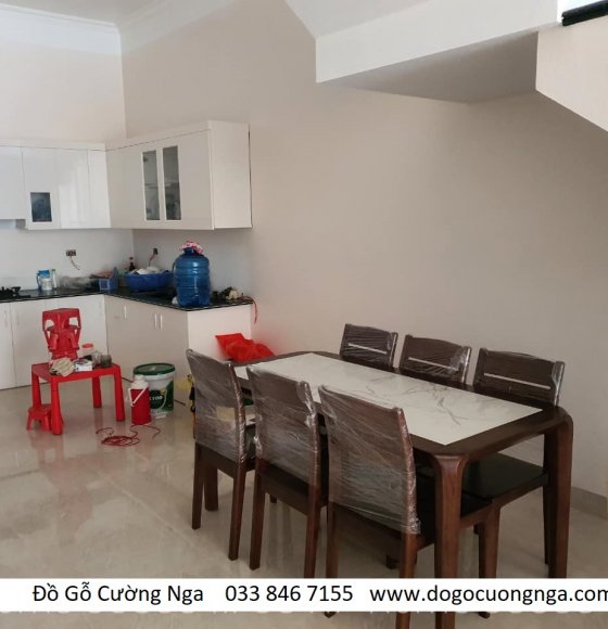 Bàn ăn gỗ sồi 6 ghế mặt đá - lau màu óc chó 
