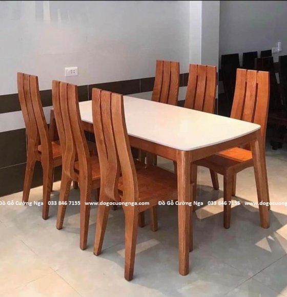 Bàn ăn mặ đá 6 ghế gỗ sồi lau màu hương đẹp 