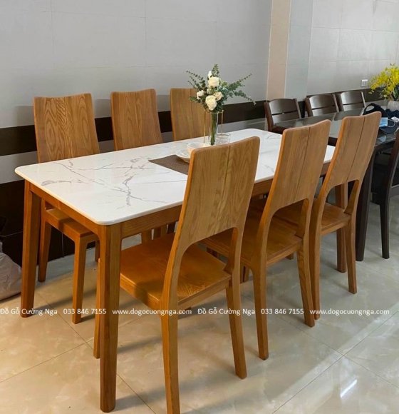 Bàn ăn mặt đá tràn 6 ghế - gỗ sồi lau màu gõ dỏ 