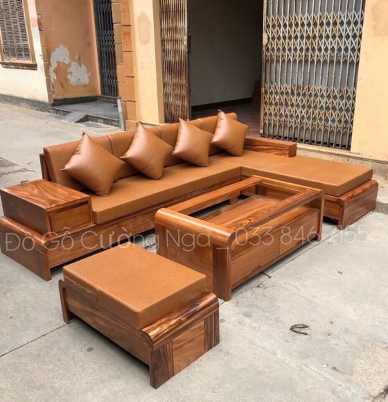 Bộ bàn ghế sofa gỗ hương xám kèm bộ Nệm Da 2m7x1m9