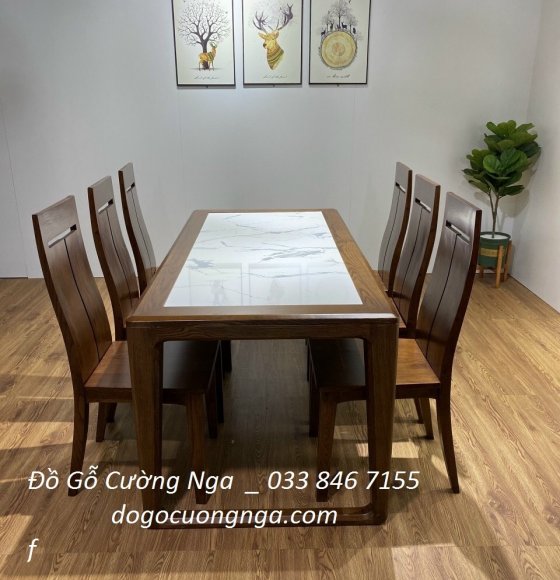 Bộ bàn ăn gỗ sồi 6 ghế màu óc chó 