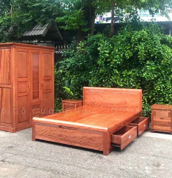 Bộ giường tủ áo gỗ Xoan Đào Lào ( giường ô kéo - tủ áo lá sách )