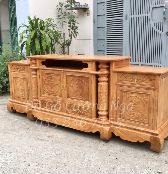 Kệ TiVi Gỗ Gõ Đỏ Côt Nho 2m2 Đục Cảnh 