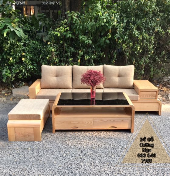 Bàn Ghế Sofa Góc Gỗ Sồi Nga Chân Cong - 2m3 