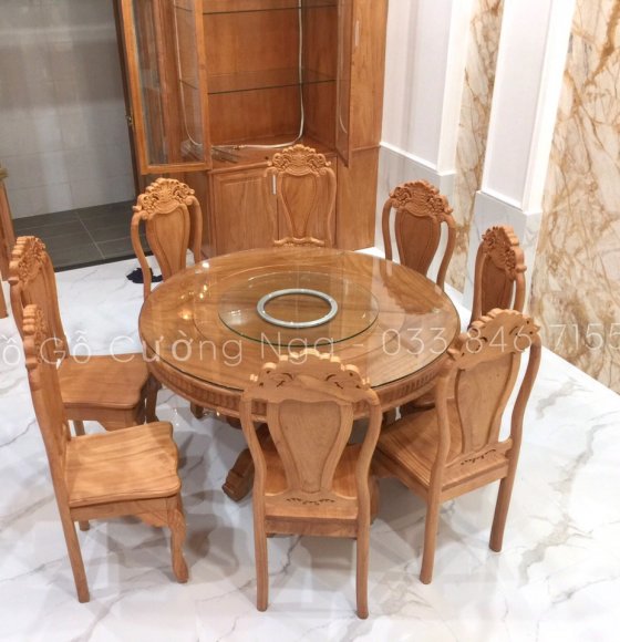 Bàn ăn tròn mâm xoay 8 ghế gỗ Gõ Đỏ giao khách ( TP Dĩ An - BD )