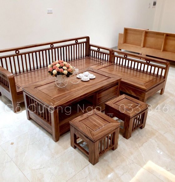 Sofa Góc L Gỗ Hương Xám 2mx1m8 