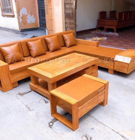 Bộ Bàn Ghế Sofa Gỗ Gõ Đỏ 2m7x1m9 Kèm Nệm Da Hàn Quốc 