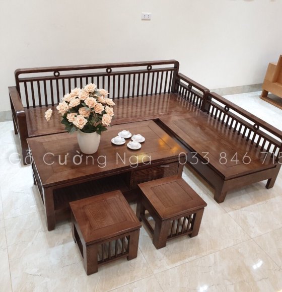 Bộ Ghế Sofa Góc L Gỗ Sồi Nga Lau Màu Óc Chó 2mx1m8 