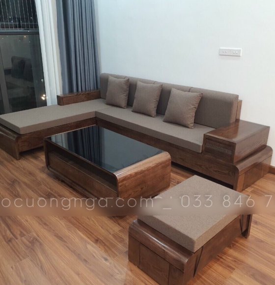Bộ Bàn Ghế Sofa Góc L Gỗ Sồi Nga Lau Màu Óc Chó 2m8x1m8 Kèm Nệm 