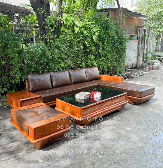 Sofa Gỗ Hương Vàng Góc L Chân Thuyền 3m15 x 2m15 Cao Cấp