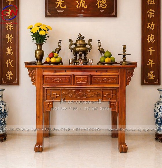 Bàn Thờ 1 Tầng Gỗ Tràm Chạm Sen Chuẩn Không Gian Thờ