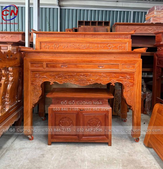 Bàn Thờ Gỗ Hương Đá 2 Tầng 1m53 Chạm Sen Mềm Mại Kèm Tủ Cơm