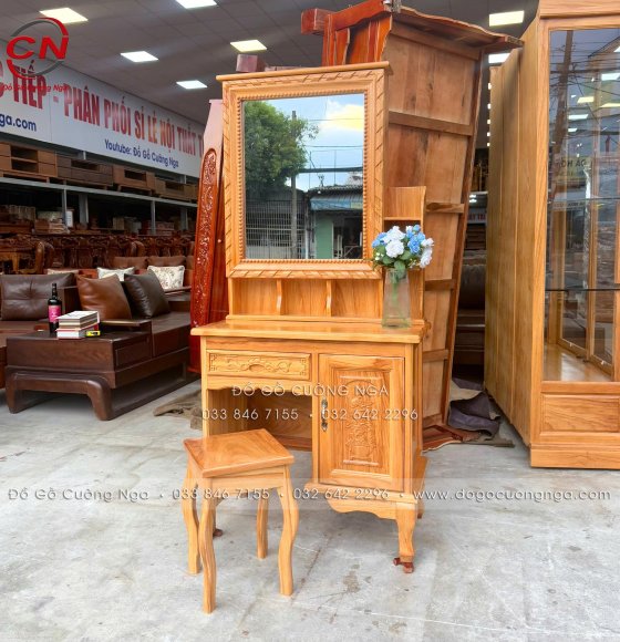 Bàn Trang Điểm Gỗ Gõ Đỏ 80cm Gương Cánh Mở Hiện Đại