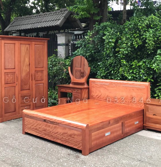 Combo phòng ngủ gỗ Xoan Đào ( giường ô kéo - tủ hoa thị )
