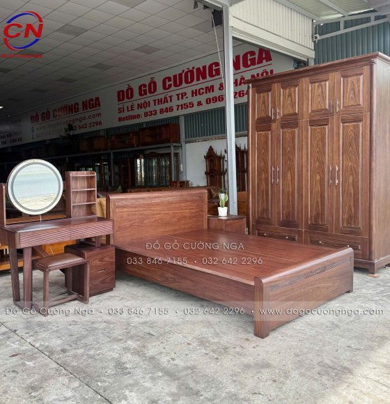 Combo Phòng Ngủ Gỗ Óc Chó 4 Chi Tiết Đẹp Hiên Đại, Đồng Bộ