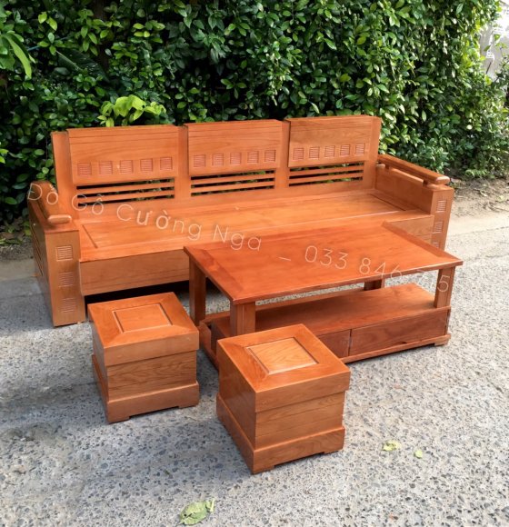 Bộ Bàn Ghế Sofa Gỗ Sồi Nga 1 Văng 2m3 Chân Hộp - Tay Trứng