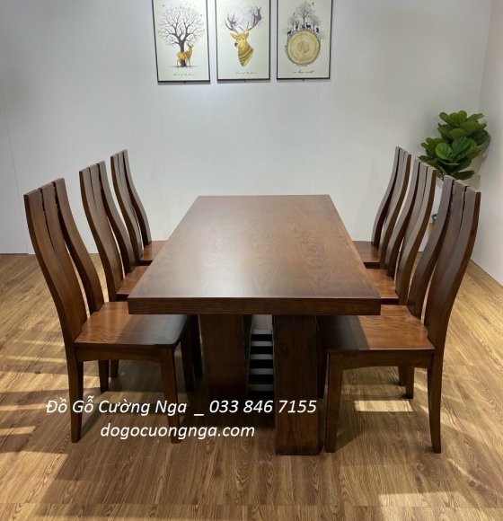 Bàn ăn gỗ sồi 6 ghế màu óc chó - mặt hộp chân vát 