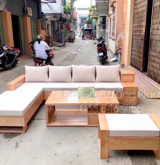 Bộ Bàn Ghế Sofa Gỗ Góc L Gỗ Sồi Nga 2m7x1m9 - Ô Kéo Sườn