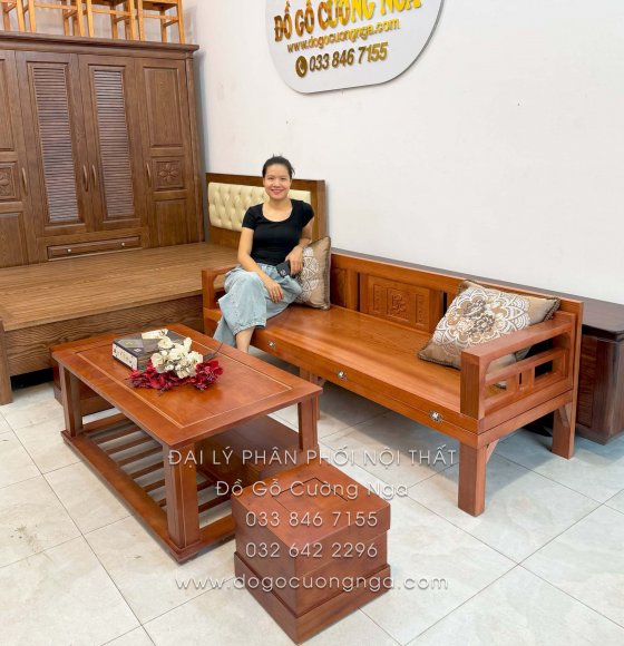 Giường Gấp Gỗ Xoan Đào Kèm Bàn (Có Kính) & Đôn Gỗ Sồi Hợp Túi Tiền