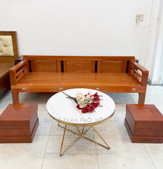 Giường Gấp Gỗ Xoan Đào Kèm Bàn Đá Và Đôn Gỗ Sồi Đẹp Gọn