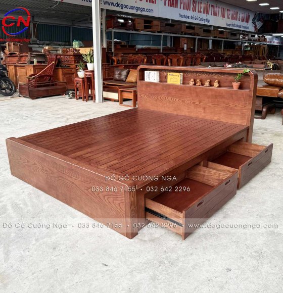 Giường Ngủ Ngăn Kéo Gỗ Sồi Màu Óc Chó Kết Hợp Kệ Đầu Giường Hiện Đại - Phản Thưa