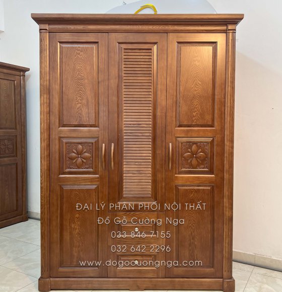 Tủ Áo Gỗ Sồi Nga 3 Cánh Lau Màu Óc Chó Hiện Đại