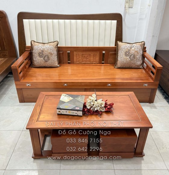 Giường Gấp Gỗ Xoan Đào 2 Ngăn Kéo Kèm Bàn (Có Kính) & Đôn Gỗ Sồi Bền Đẹp