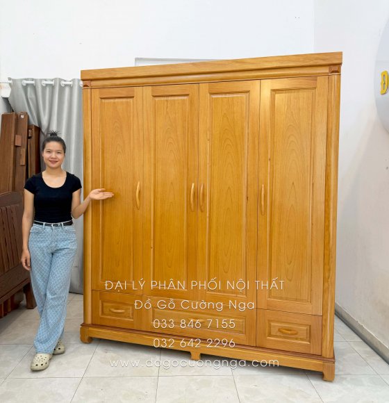 Tủ Quần Áo Gỗ Gõ Đỏ 4 Cánh 1m9 Sang Trọng
