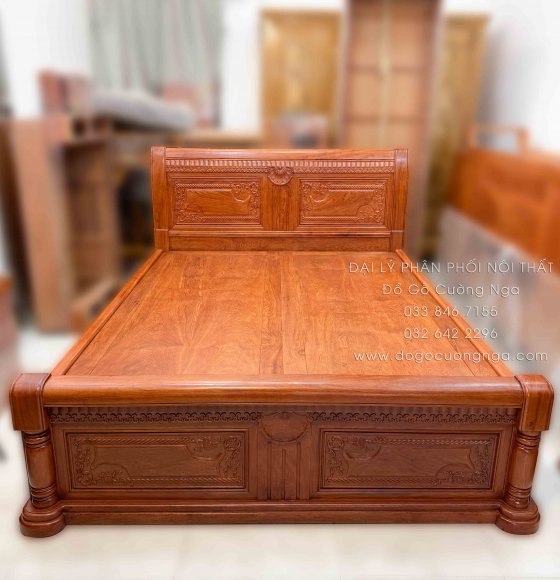 Giường Ngủ Gỗ Hương Đá Cao Cấp -  Phản Liền Tấm - Họa Tiết Xẻ Quạt
