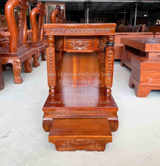 Bàn Thờ Ông Địa - Thần Tài Gỗ Tràm Chạm Sen Hiện Đại 48cm