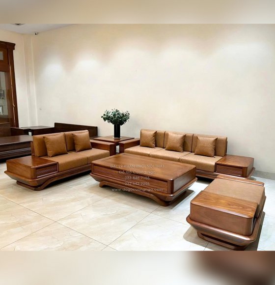 Bộ Sofa Gỗ Hương Vàng 2 Văng Chân Thuyền 3m45x2m75 Cao Cấp