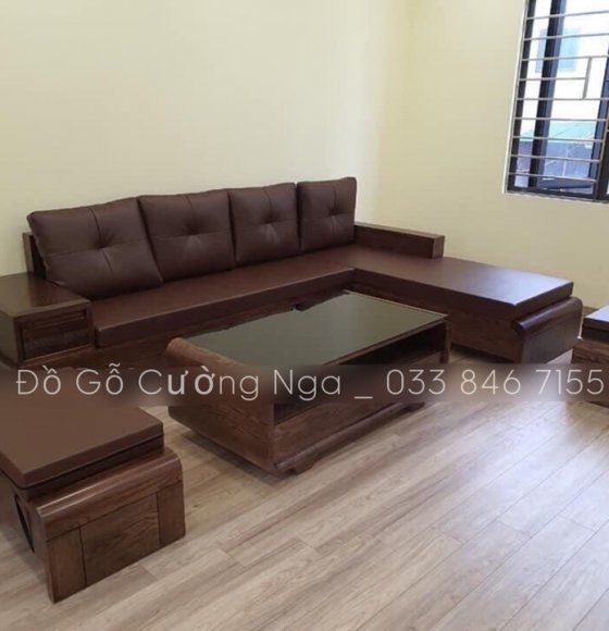 Bộ ghế sofa gỗ sồi nga chân cuốn màu óc chó