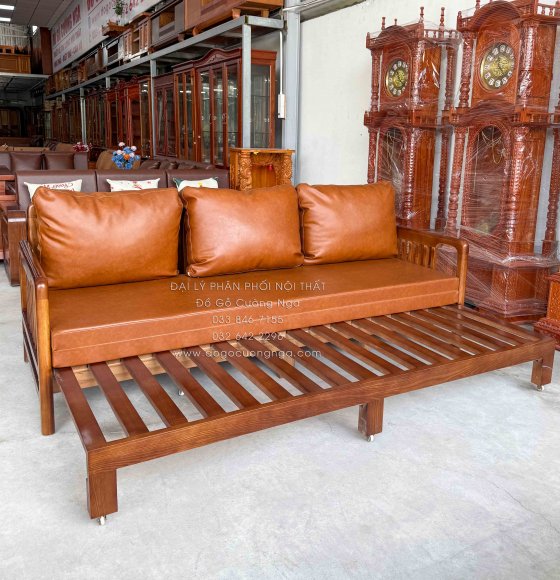 Ghế Kéo Thành Giường Gỗ Sồi Kèm Nệm Cao Cấp Màu Óc Chó