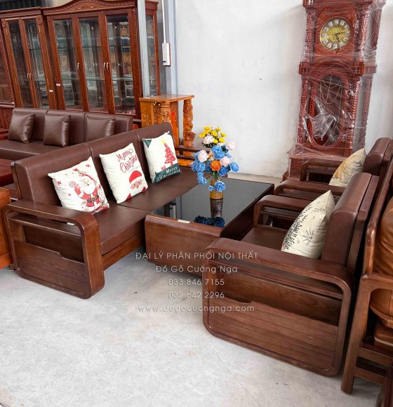 Sofa Đối Gỗ Sồi Nga Lau Màu Óc Chó 4 Chi Tiết Tay Vòng Kèm Nệm