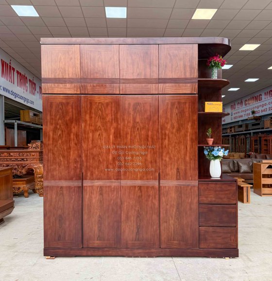 Tủ Quần Áo Gỗ Hương Xám 4 Cánh 2m3 Màu Óc Chó Kèm Kệ Trang Trí