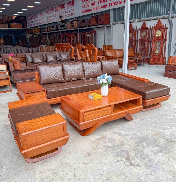 Sofa Gỗ Gõ Đỏ Góc L 2m8x2m1 Chân Thuyền Nệm Cao Su Cao Cấp