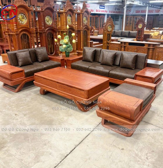 Bàn Ghế Sofa 2 Văng Gỗ Hương Đá 3m2x2m4 Kèm Nệm Sang Trọng