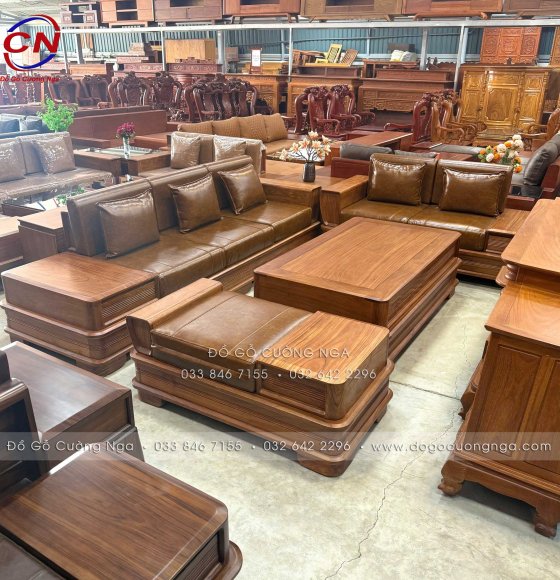Sofa Gỗ Hương Vàng 2 Văng - Chân Pháo - Kèm Nệm Cao Da Cao Cấp