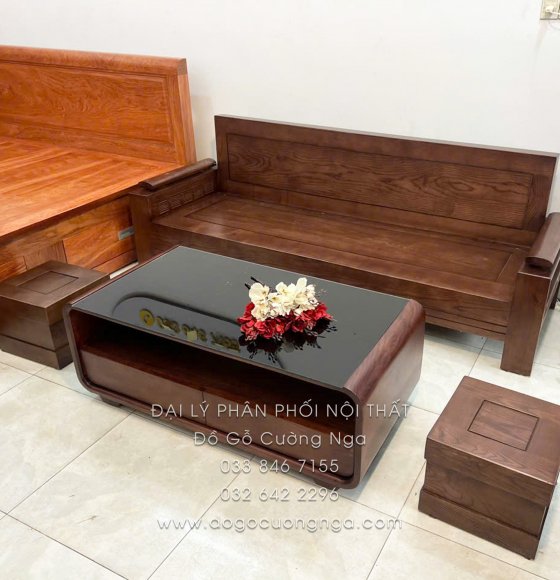 Bàn Ghế Sofa Gỗ Sồi Nga Lau Màu Óc Chó 2m Kèm Đôn Ngồi