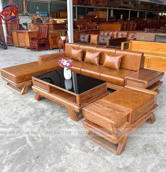 Sofa Gỗ Hương Xám Góc L Mẫu Cánh Tiên Kèm Nệm Cao Cấp