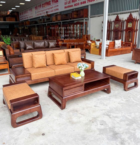 Sofa Văng Choãi Gỗ Sồi Nga Màu Óc Chó 4 Chi Tiết Kèm Nệm Da Sang Trọng